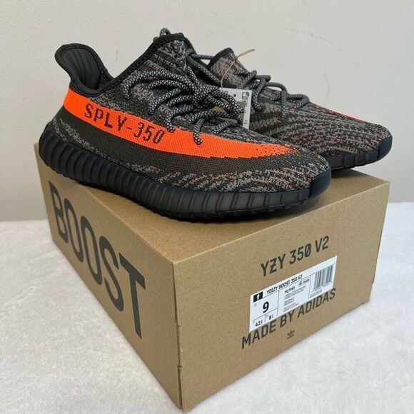 Yeezy Boost 350 V2 Carbel Stegrey/Solred NEW IN BOX 9 Mens - Picture 1 of 11